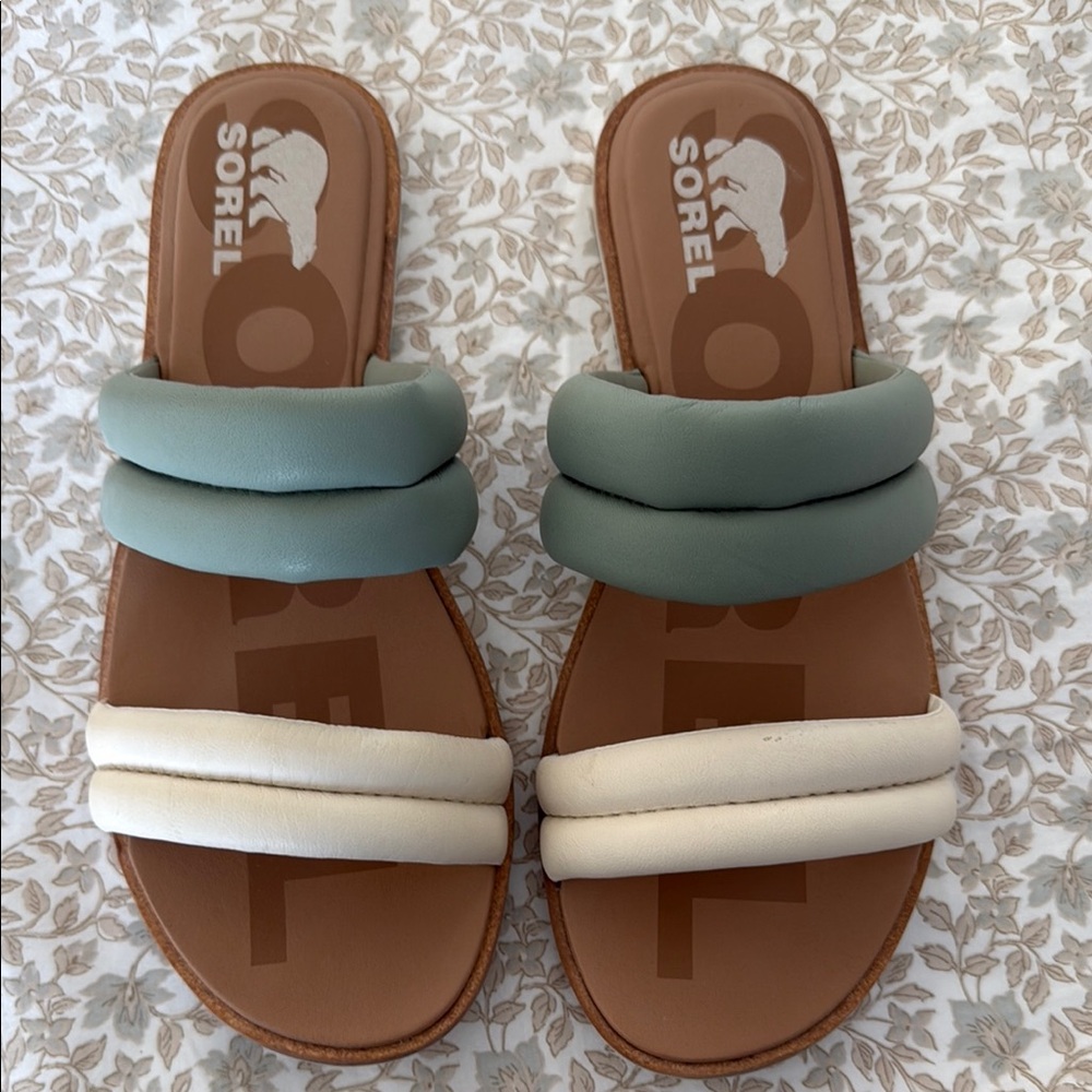 Sorel Sage and Cream Slide Sandals